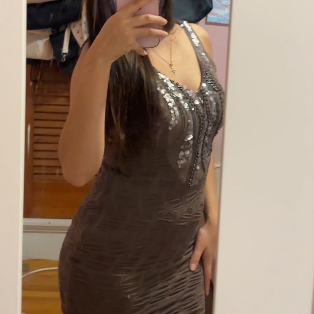 Brown Sleeveless Dress with Silver Accents